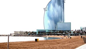 Um edifício moderno com fachada de vidro curva, uma praia ao primeiro plano e palmeiras.