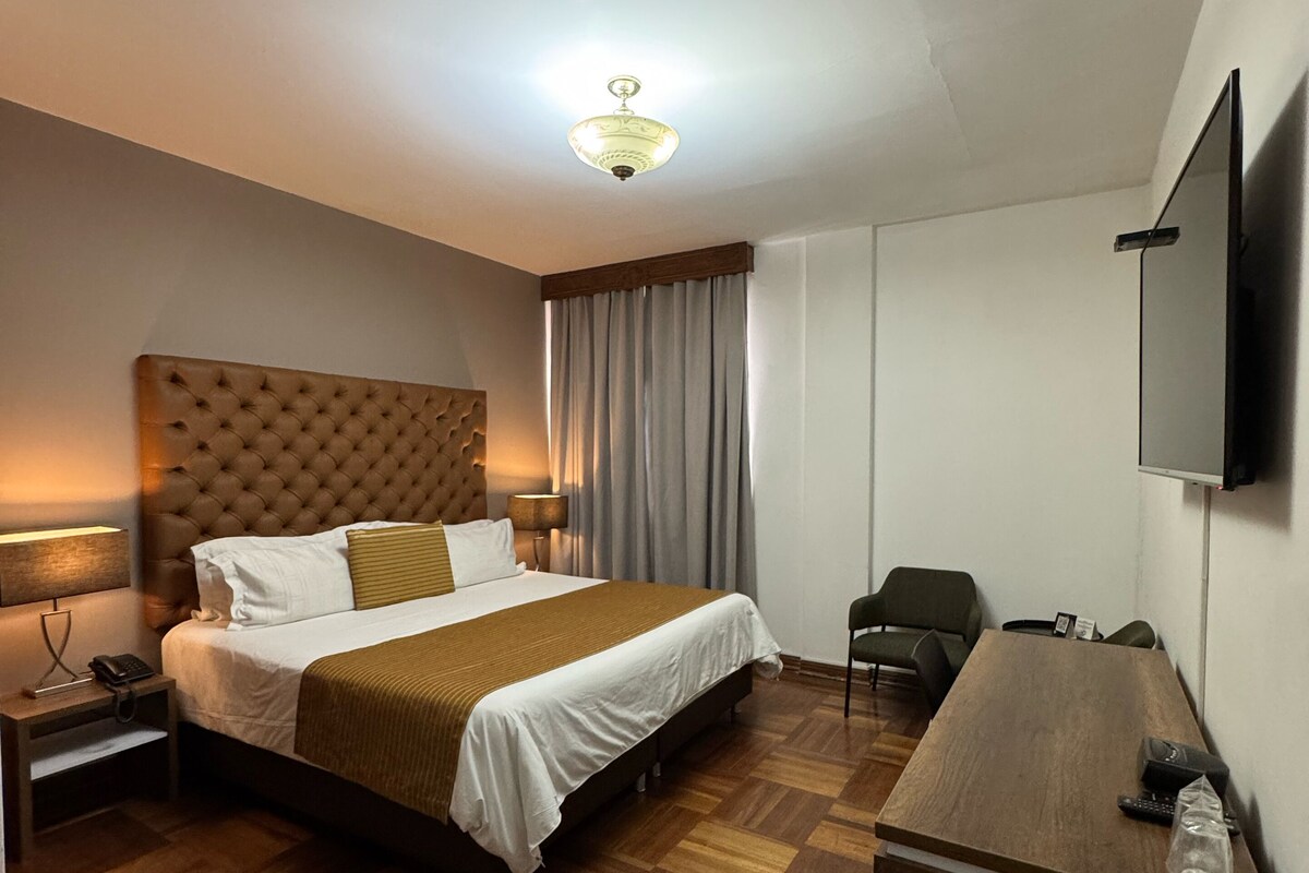 Une chambre d’hôtel avec un grand lit, un bureau, une chaise, une télévision et une table de chevet avec une lampe et un téléphone.