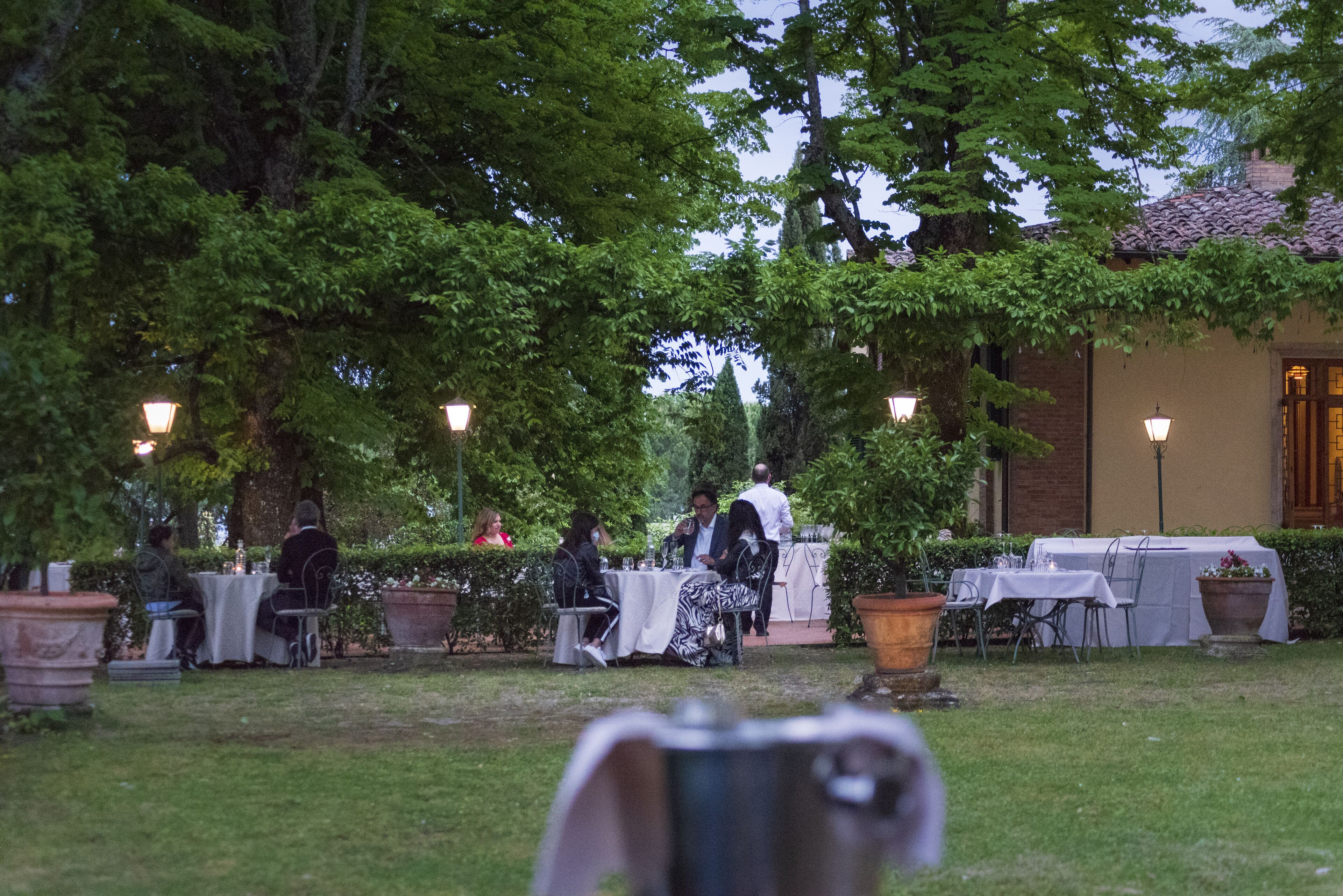 Un espace de restauration en plein air avec des tables disposées sous les arbres, entouré de plantes en pot et d’un bâtiment en arrière-plan.