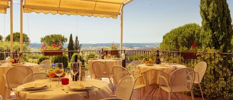 An outdoor dining area with tables and chairs, covered by a canopy, overlooking a scenic landscape.