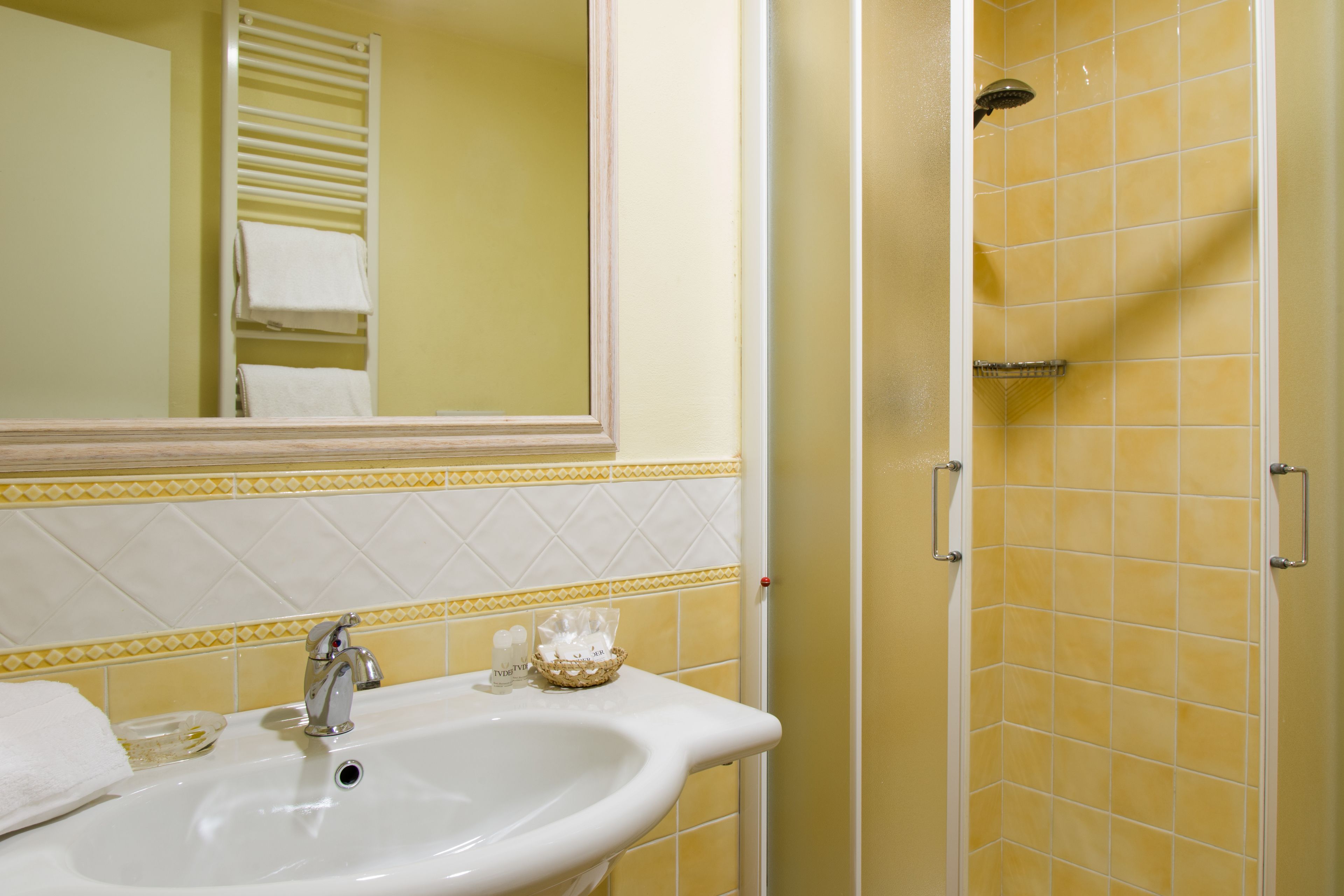 A bathroom with a sink, mirror, and shower.
