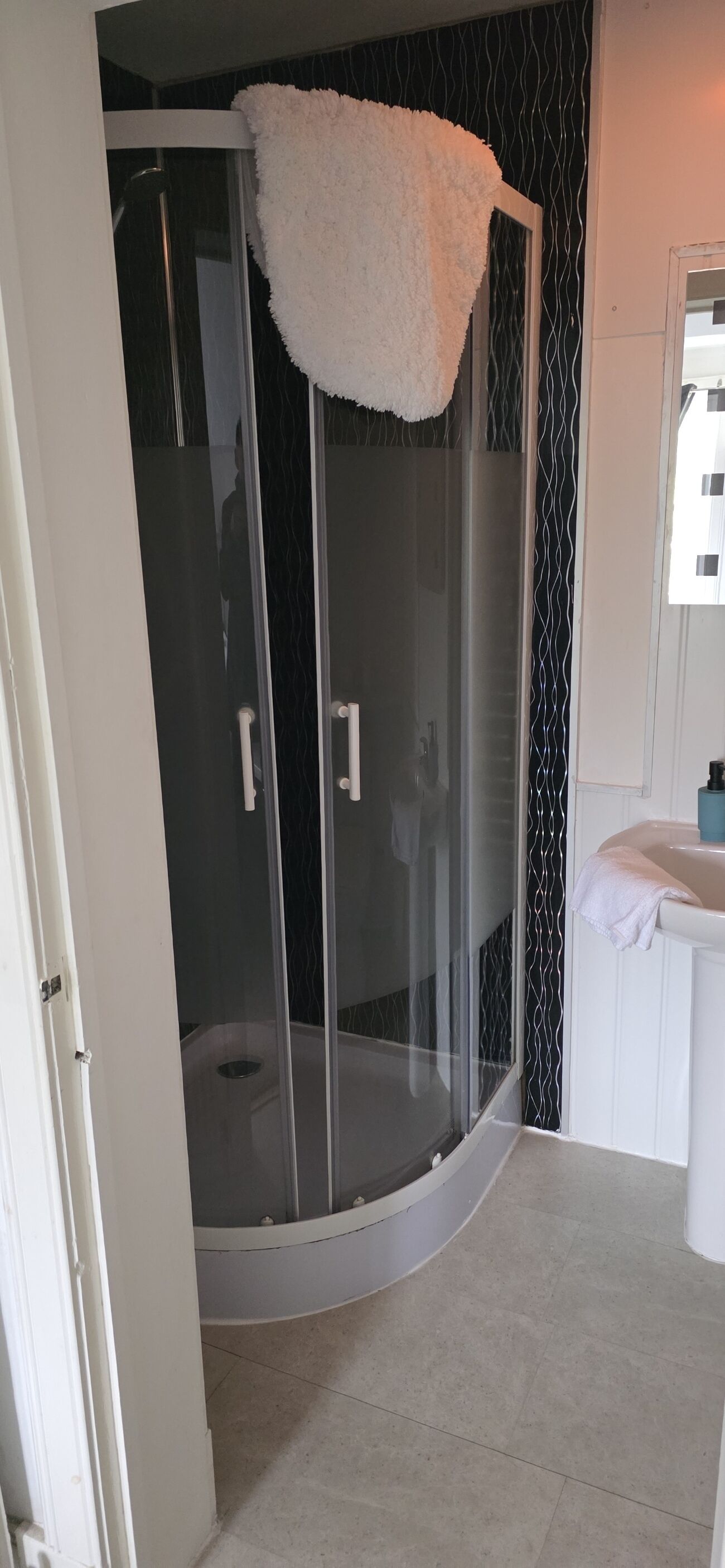 A modern bathroom with a glass-enclosed shower, a white fluffy rug, and a white sink with a blue soap dispenser.