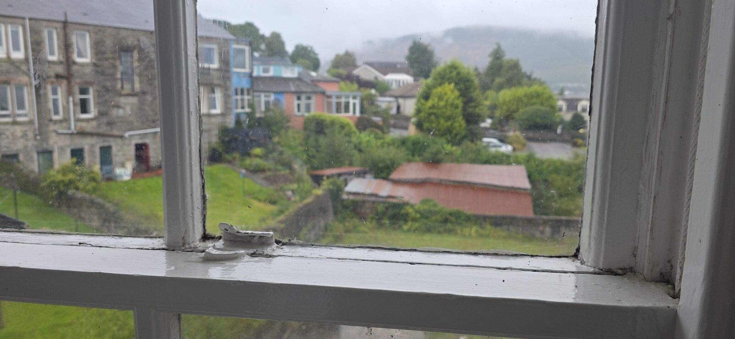 A view through a window with a white frame, overlooking a residential area with houses and greenery.