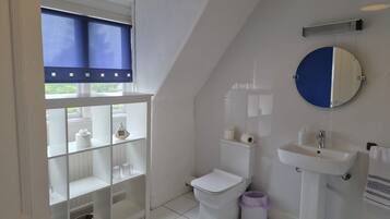 Un bagno con il water, un lavandino e uno scaffale con articoli da toilette.
