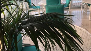 A room with large windows, green chairs, and a potted plant.
