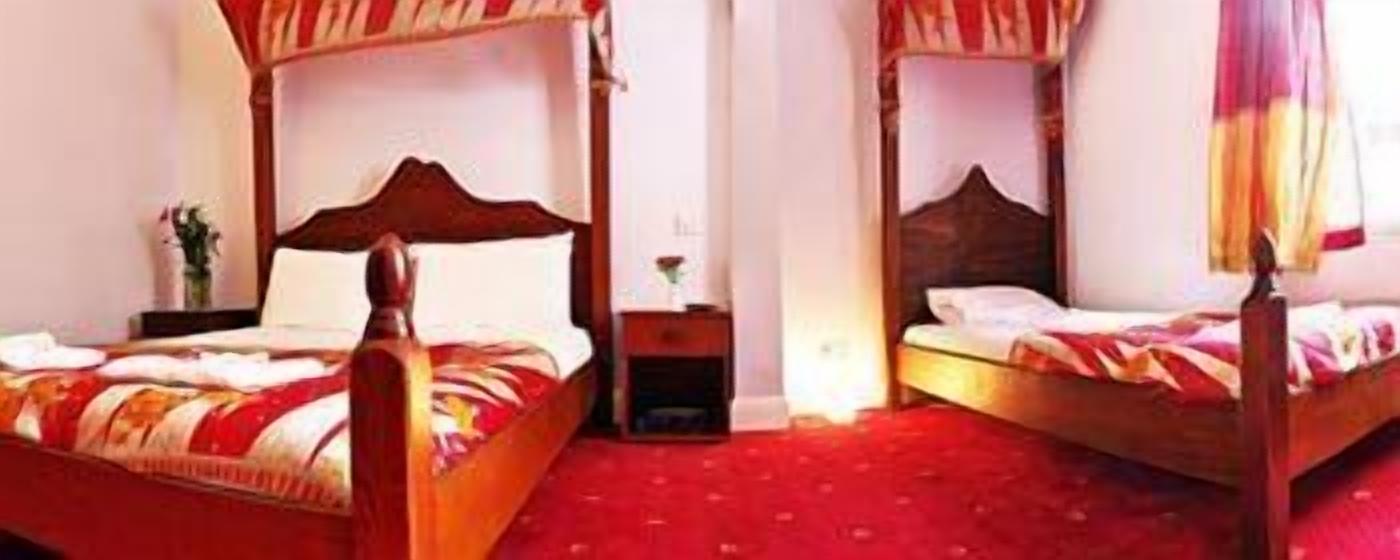A room with two four-poster beds, a red carpet, and a small bedside table with a lamp.