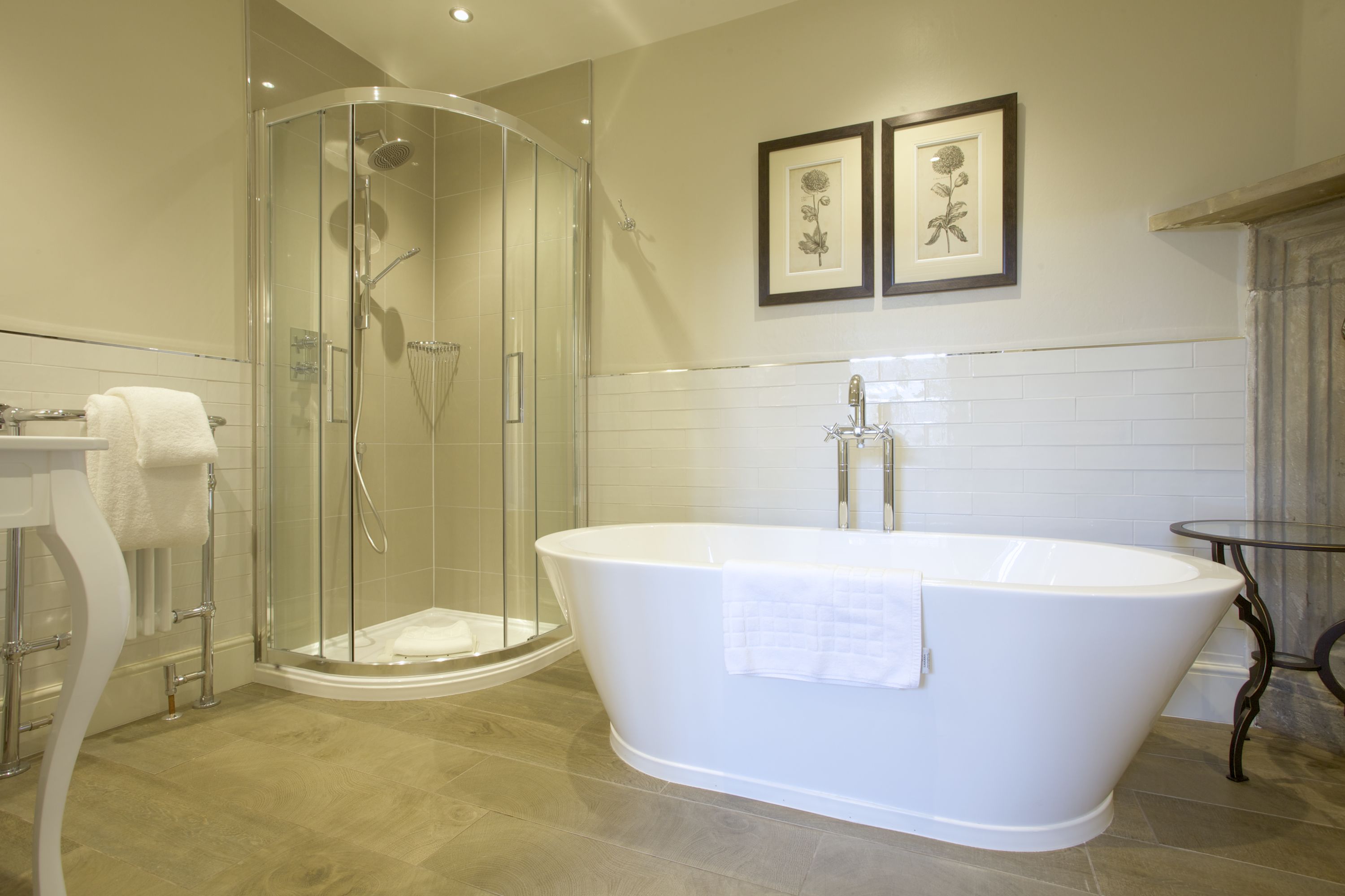 designer toiletries, hair dryer, towels