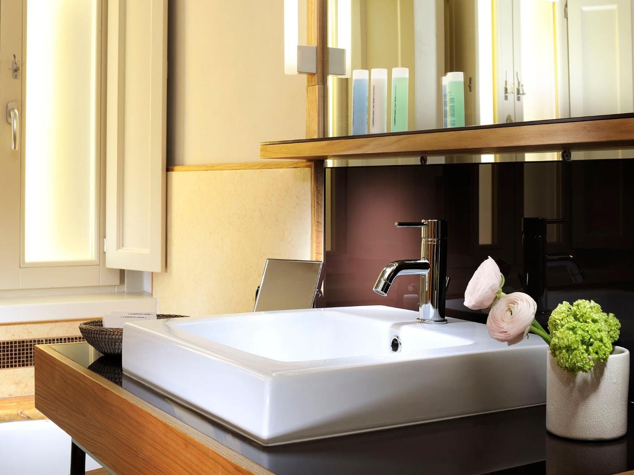 A modern bathroom with a large sink, a mirror, and toiletries on the wall.