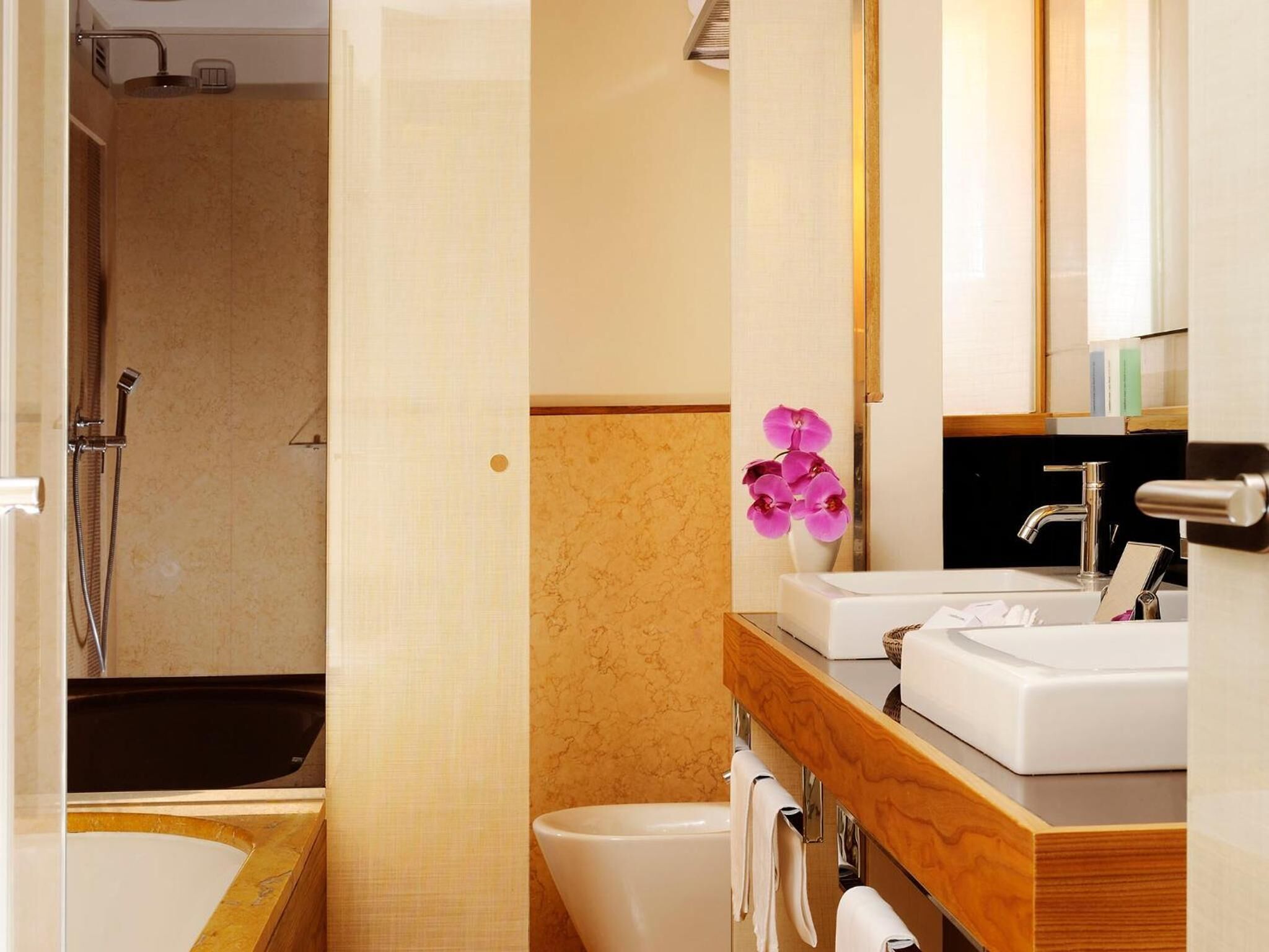 A modern bathroom with a shower, a bathtub, and a vanity with a mirror.