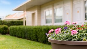 Un edificio de techo plano, un seto cuidado y una maceta con flores rosadas al frente.