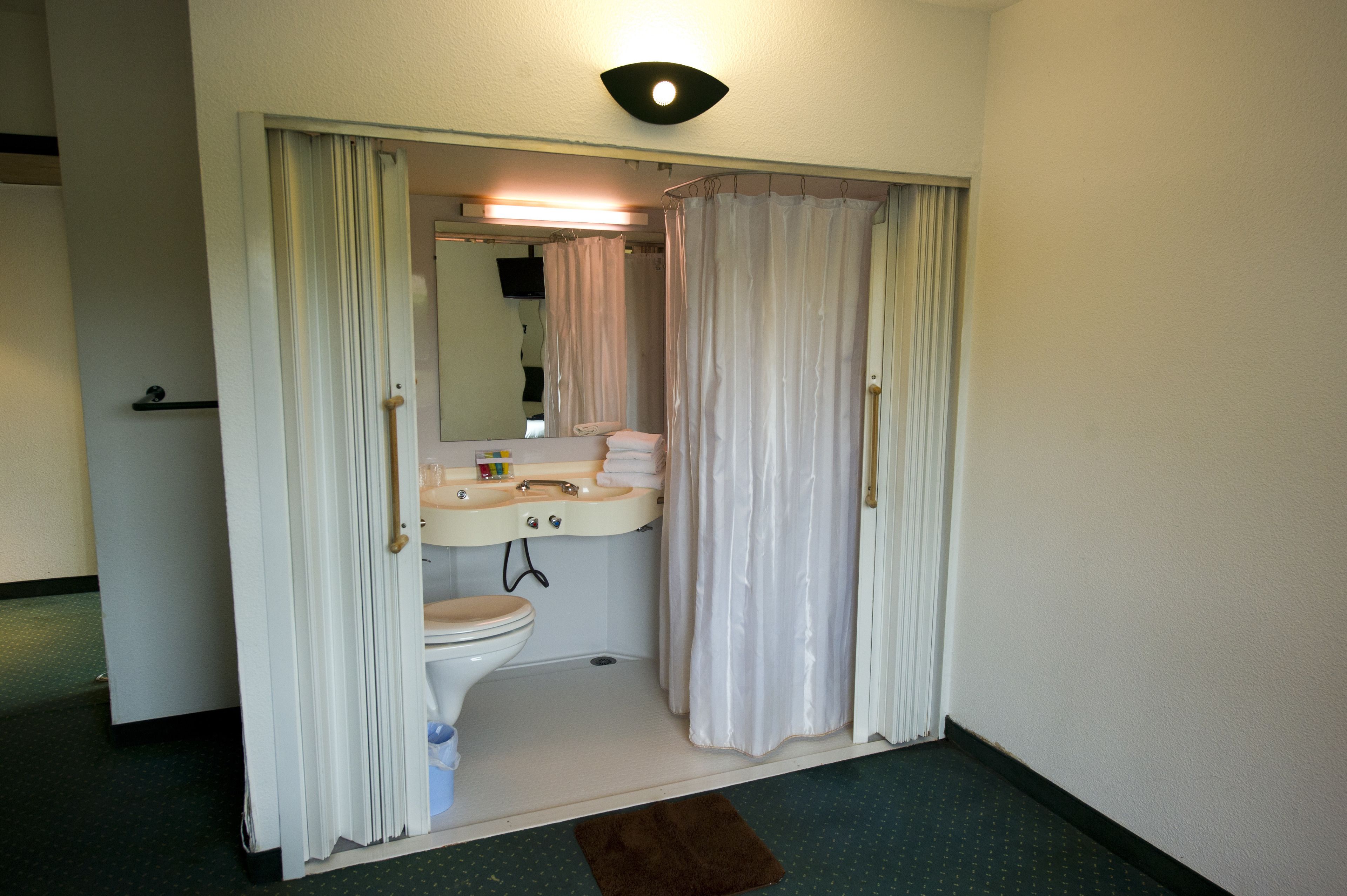Ein Badezimmer mit Toilette, Waschbecken und Duschvorhang.