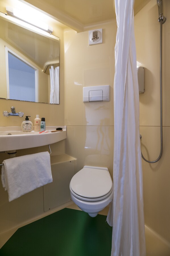 A bathroom with a toilet, sink, and shower.