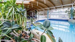 An indoor swimming pool with a wooden ceiling and surrounding plants. - Hôtel Régina (La Bourboule)