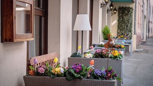 A row of wicker planters with colorful flowers and decorative items on a building's exterior. - Hôtel Le Rapp (Colmar)