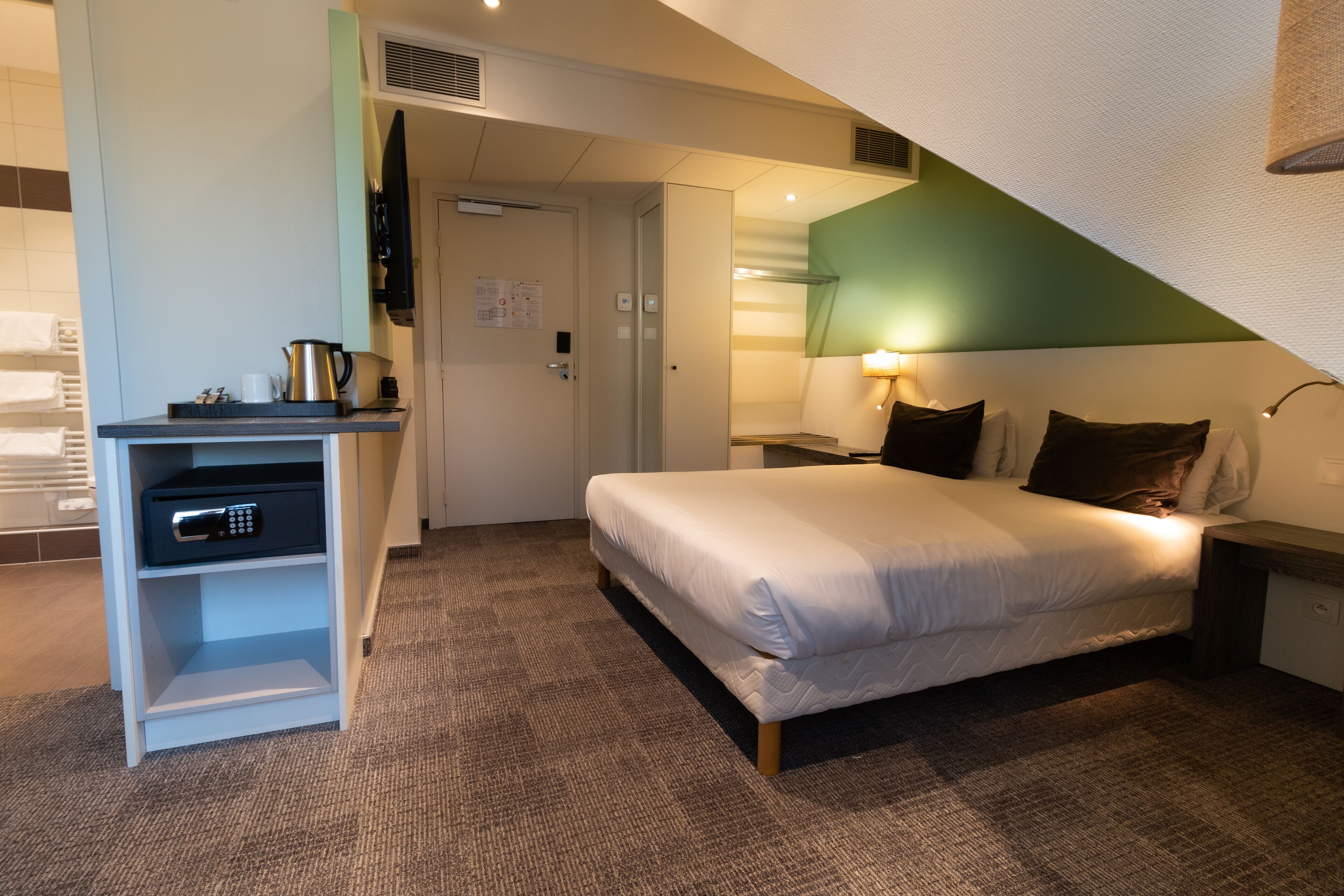 premium bedding, desk, blackout curtains, soundproofing