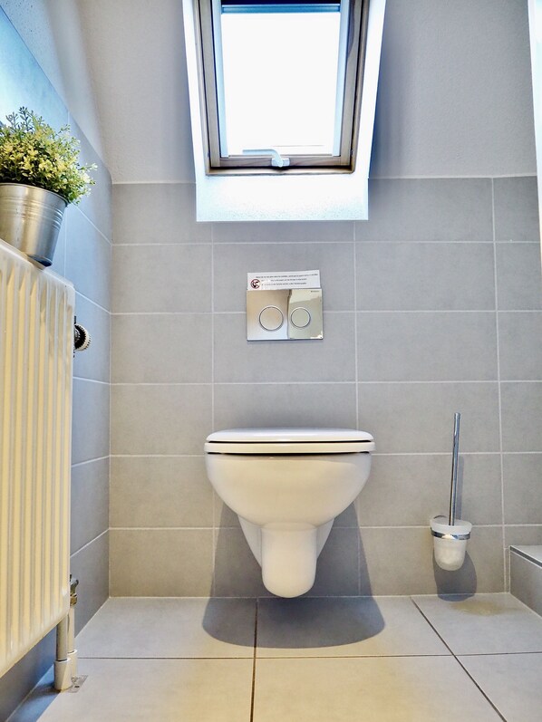 A modern bathroom with a toilet, a window, and a radiator. - Hôtel Jenny (Hagenthal-le-Bas)