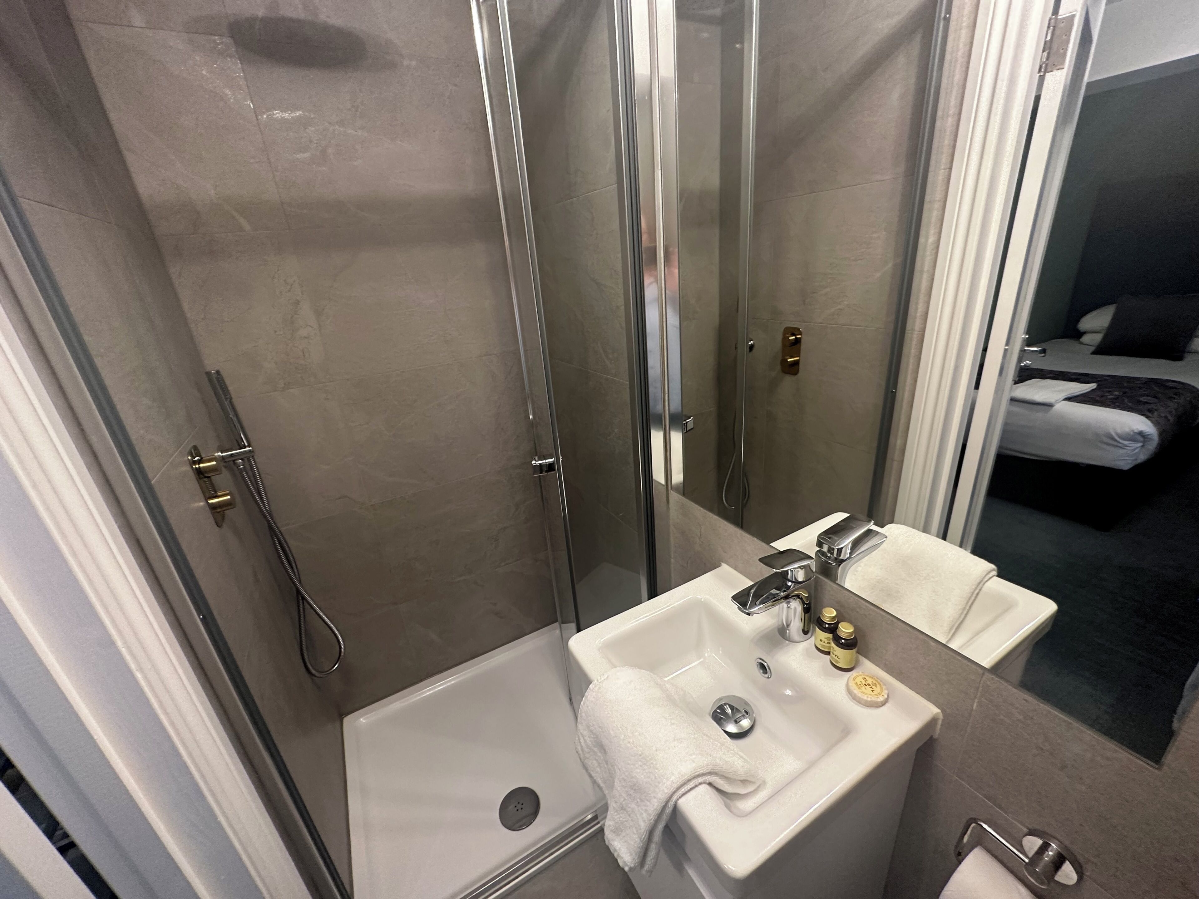 A modern bathroom with a glass-enclosed shower, a white sink with a mirror, and a visible bed in the adjacent room.