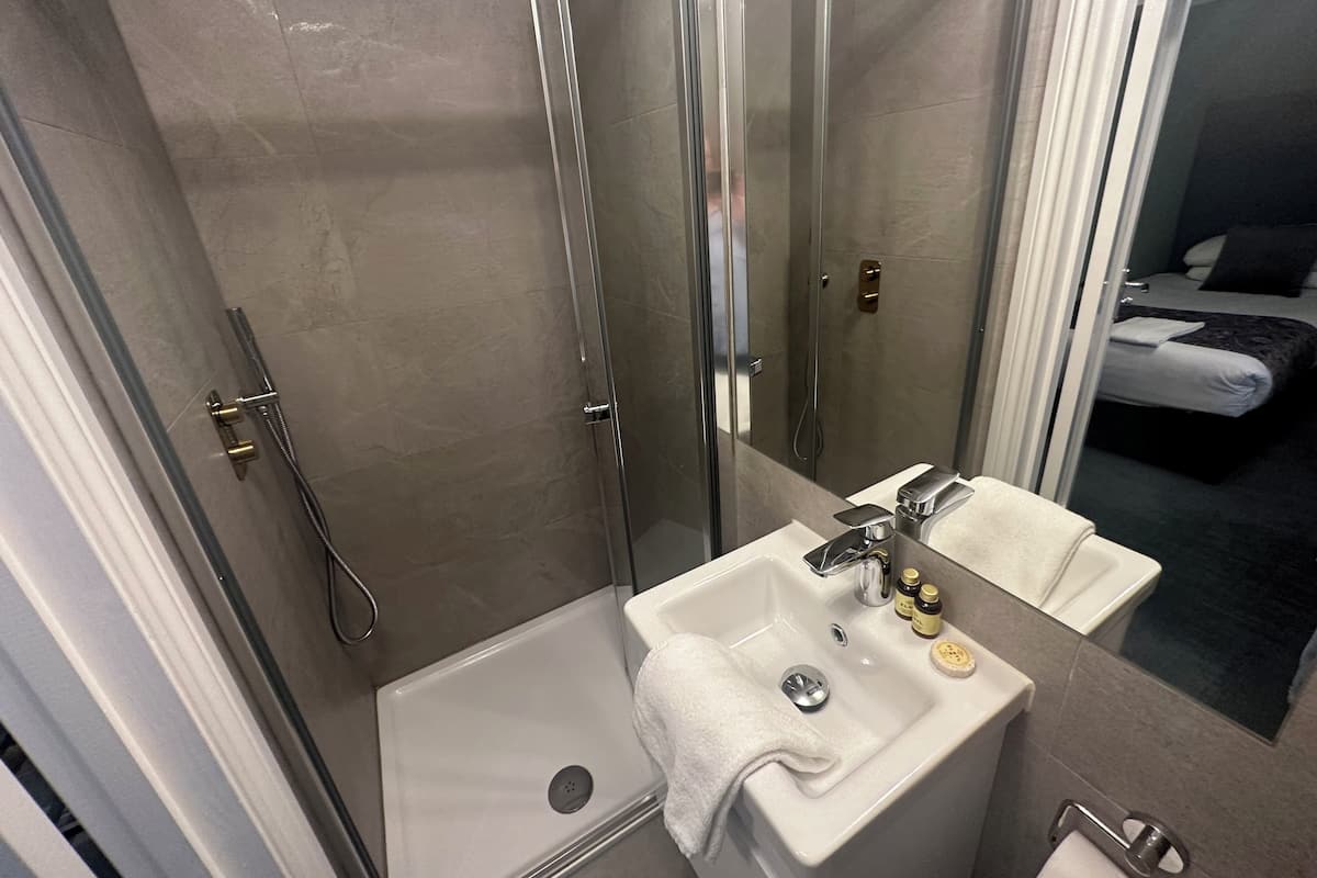 A modern bathroom with a glass-enclosed shower, a white sink with a mirror, and a visible bed in the adjacent room.