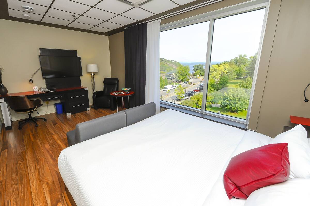 A hotel room with a bed, a desk, a chair, a TV, and a window with a view of a parking lot and greenery.
