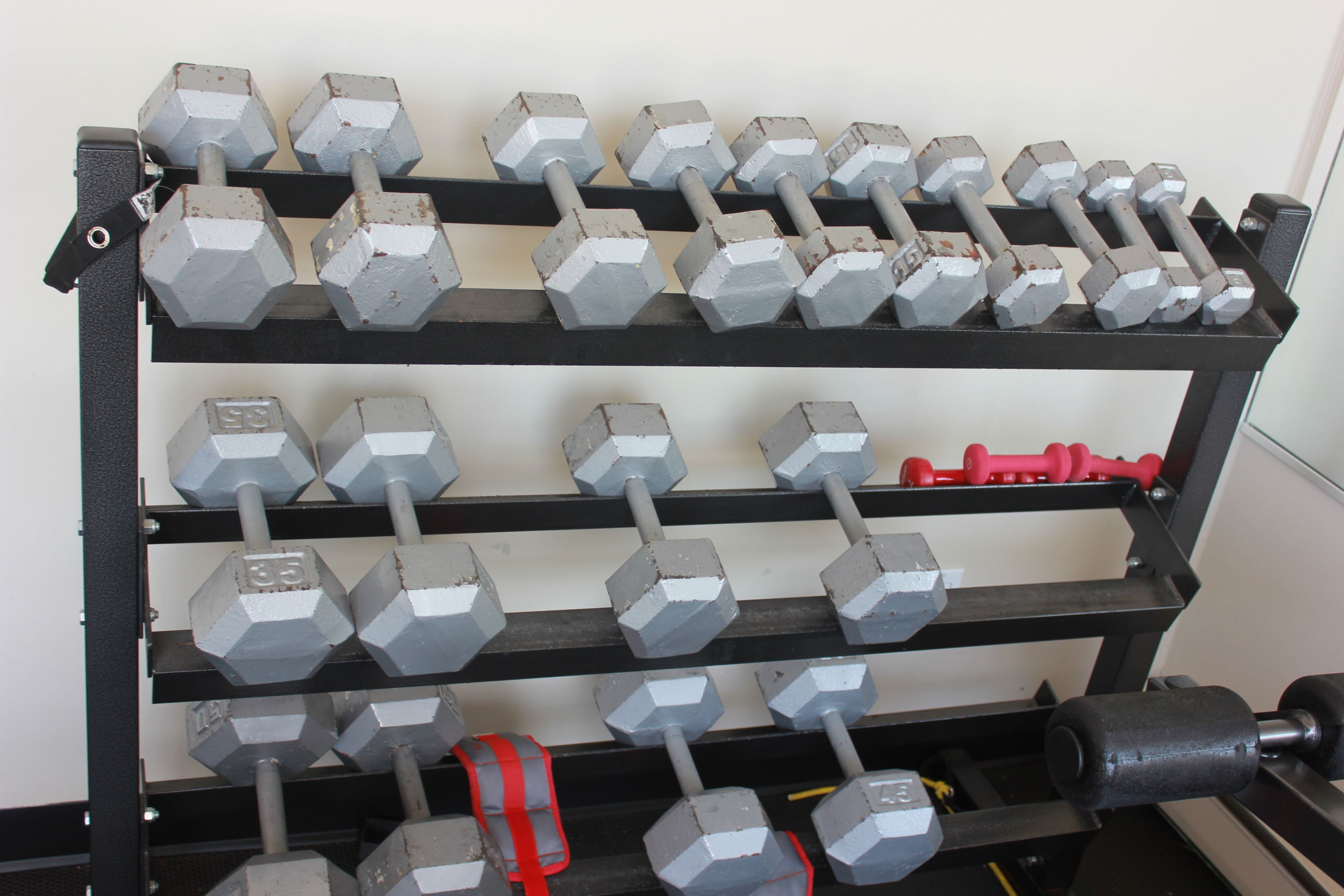A rack of dumbbells with weights labeled in grams.