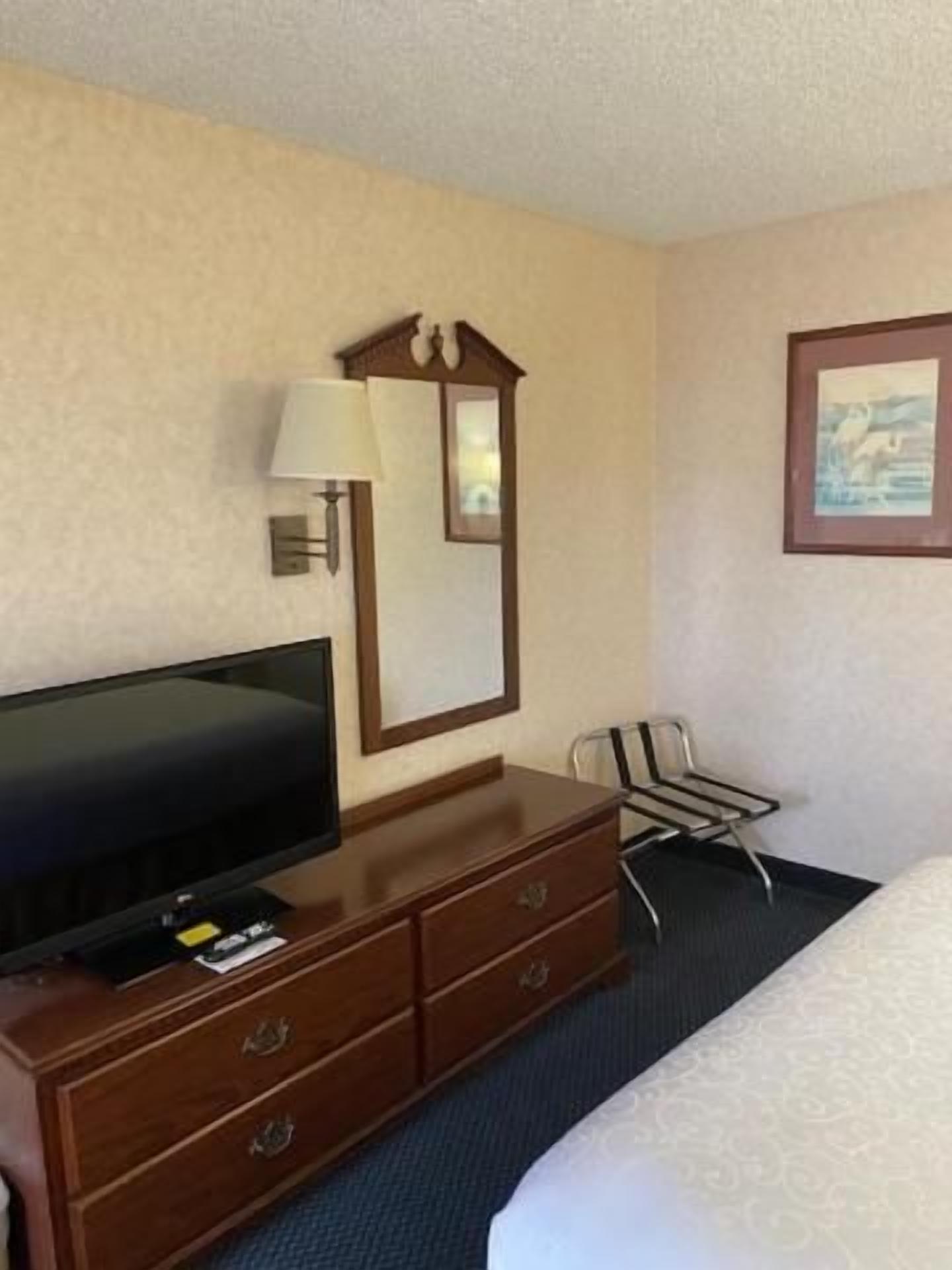A hotel room with a bed, a television on a wooden dresser, a chair, and a framed picture on the wall.