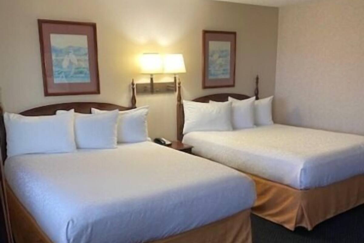 A hotel room with two beds, a nightstand, a lamp, and two framed pictures on the wall.