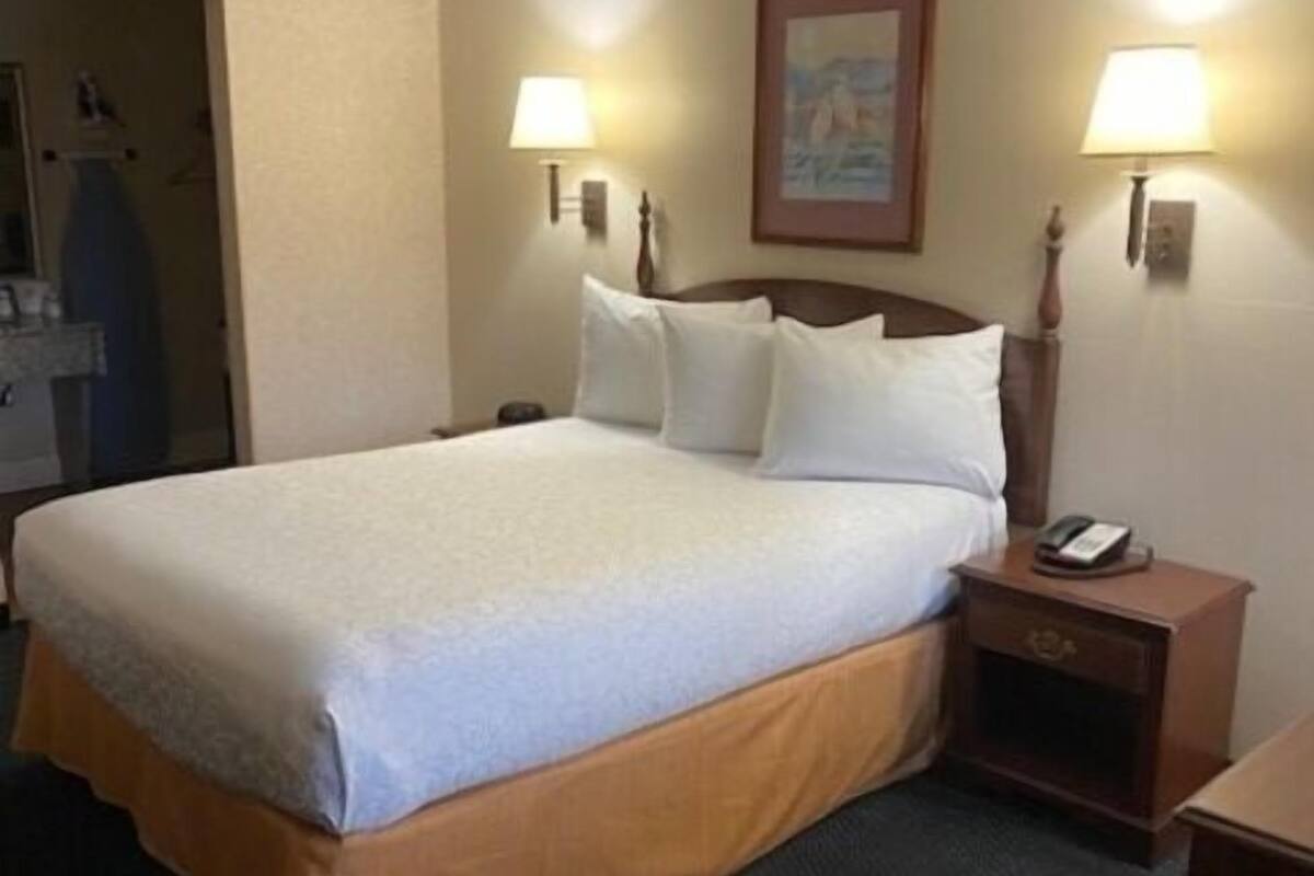 A hotel room with a large bed, two bedside lamps, a nightstand with a phone, and a painting on the wall.
