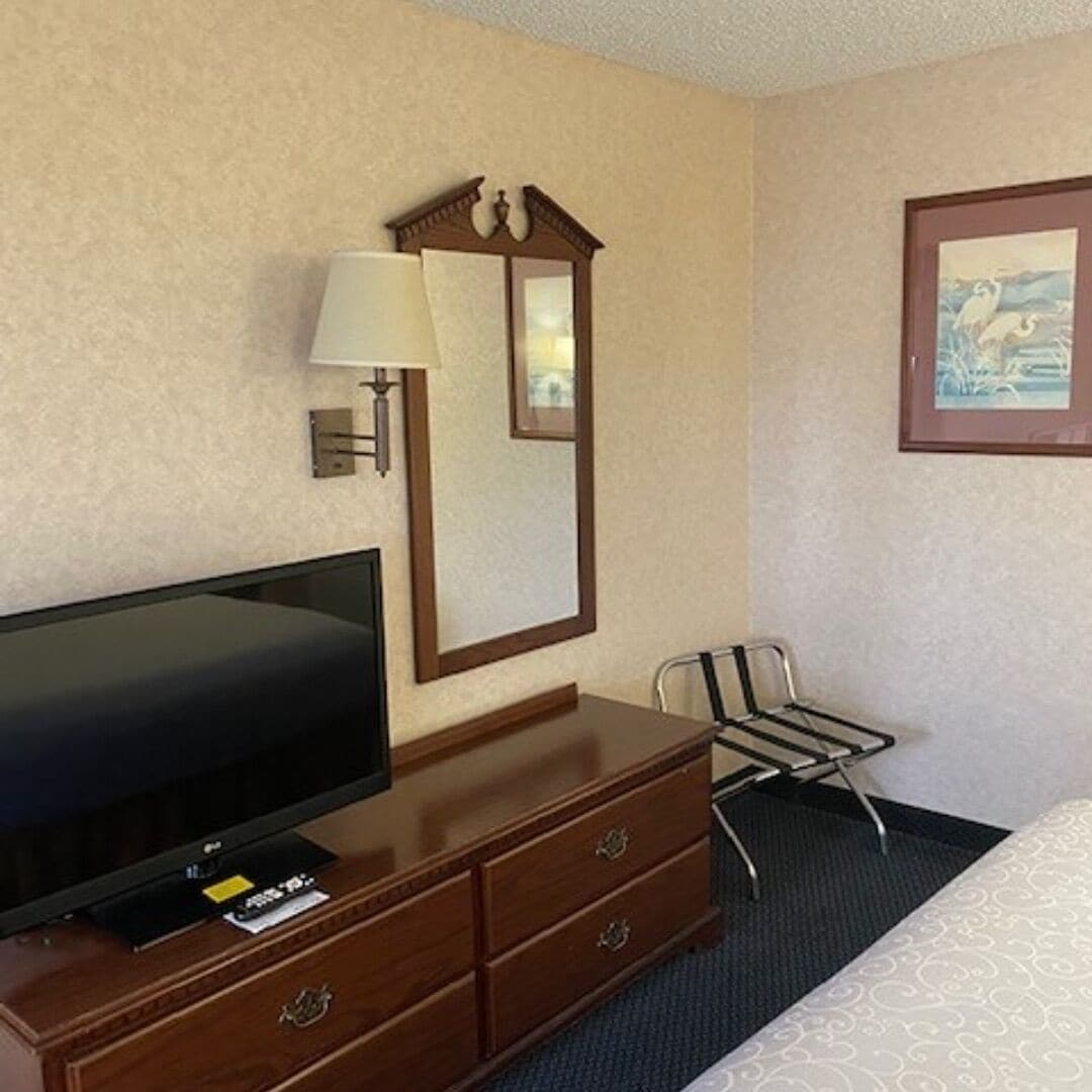 Habitación de hotel con una cama, un televisor sobre un aparador de madera, una silla, un espejo y un cuadro en la pared.