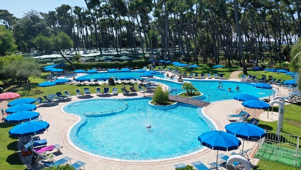 A large outdoor swimming pool with multiple lanes, surrounded by sun loungers and umbrellas, and a dense forest in the background. - Settebello Village (Fondi)