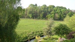 A lush green field with a small stream, surrounded by trees and a fence. - Brownhill House (Shrewsbury)