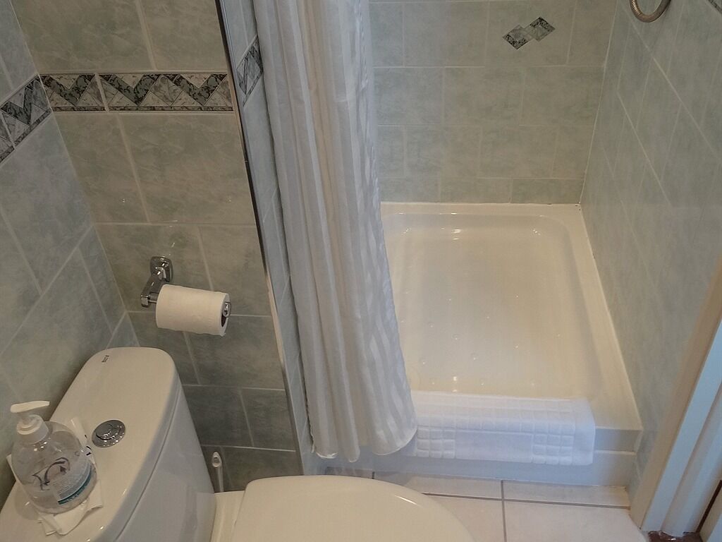 A bathroom with a bathtub, toilet, and shower curtain.