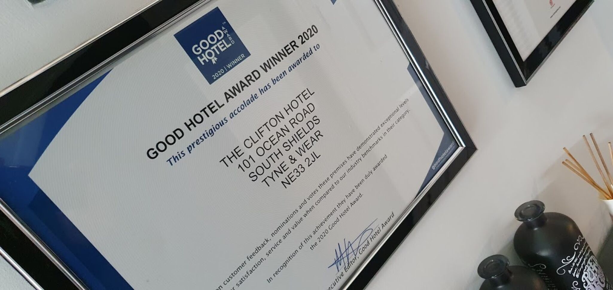 A Good Hotel Award certificate for The Clifton Hotel, 101 Ocean Road, South Shields, Tyne & Wear, NE33 2JL.