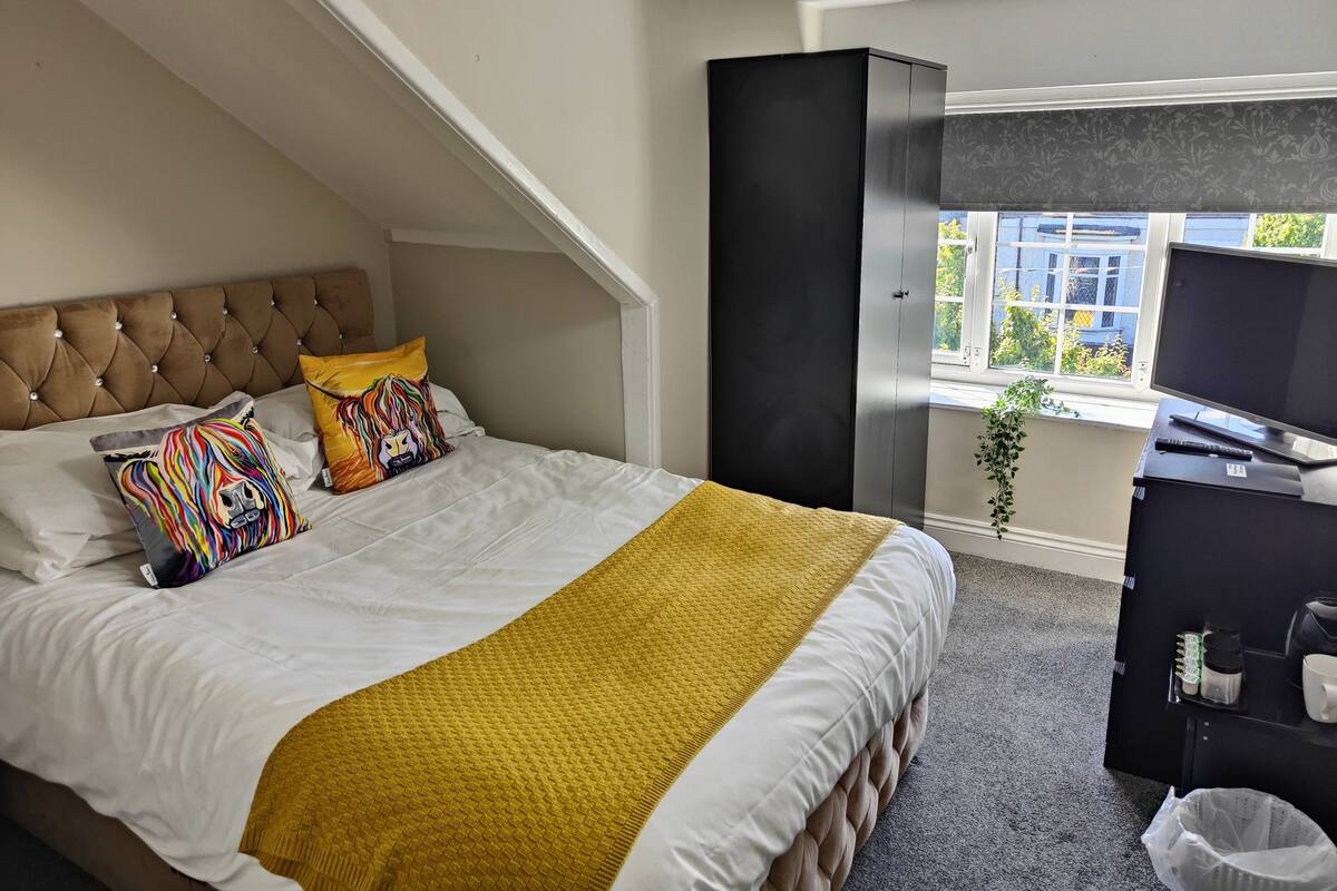 Un dormitorio con cama, televisor, escritorio y ventana con vistas.