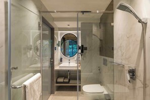 A modern bathroom with a glass-enclosed shower, a toilet, and a sink with a mirror.