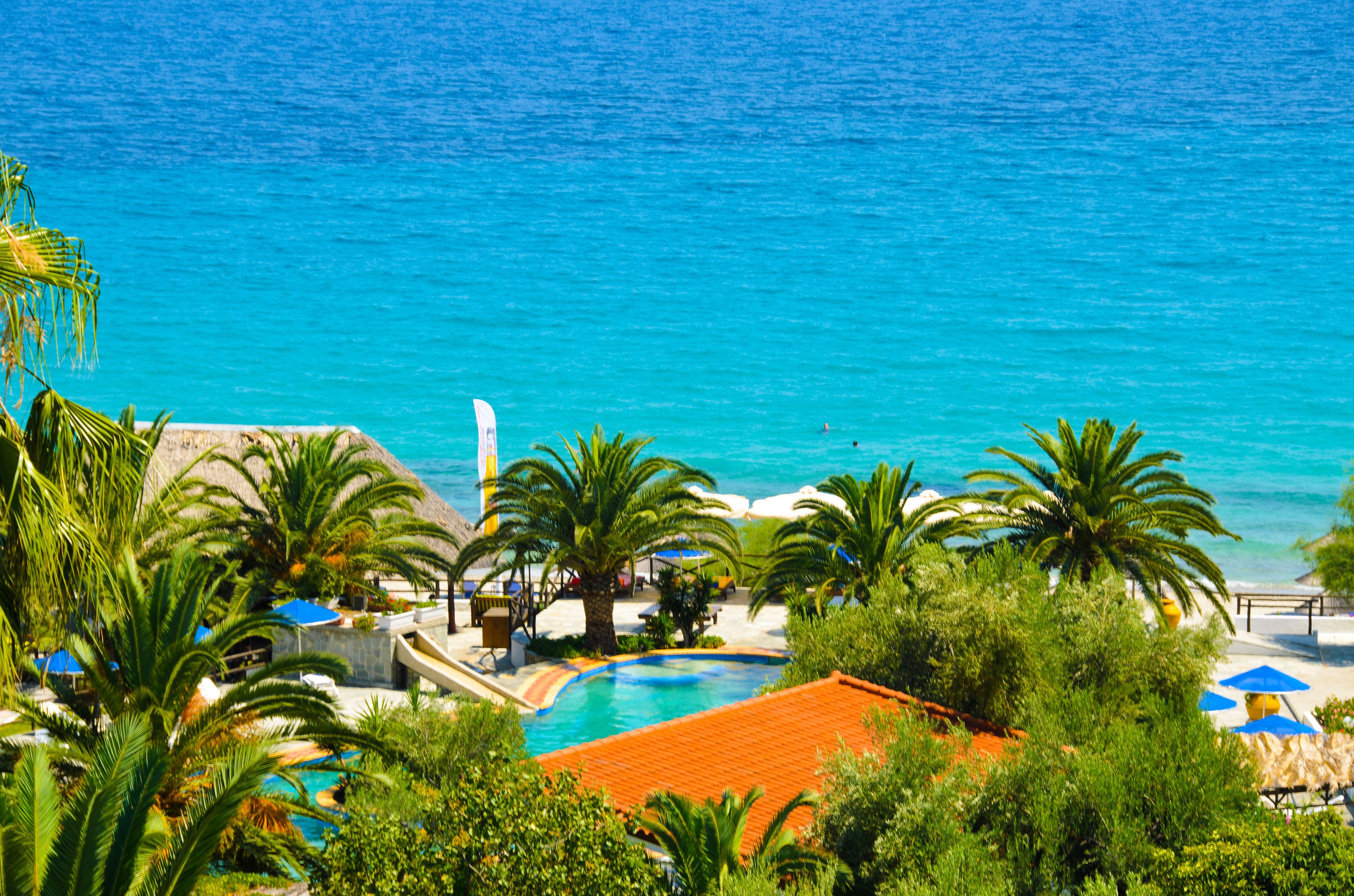 Outdoor pool, pool umbrellas, pool loungers