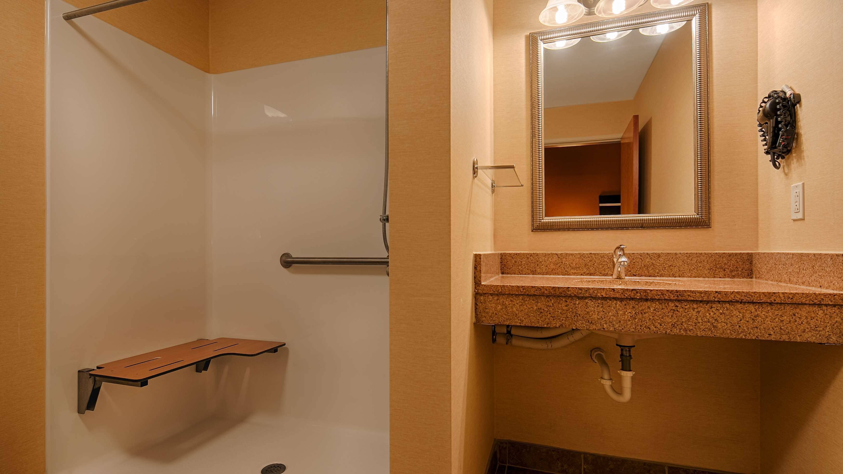 combined shower/bathtub, free toiletries, hair dryer, towels