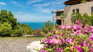 A modern building with a view of the ocean, surrounded by lush greenery and vibrant flowers.