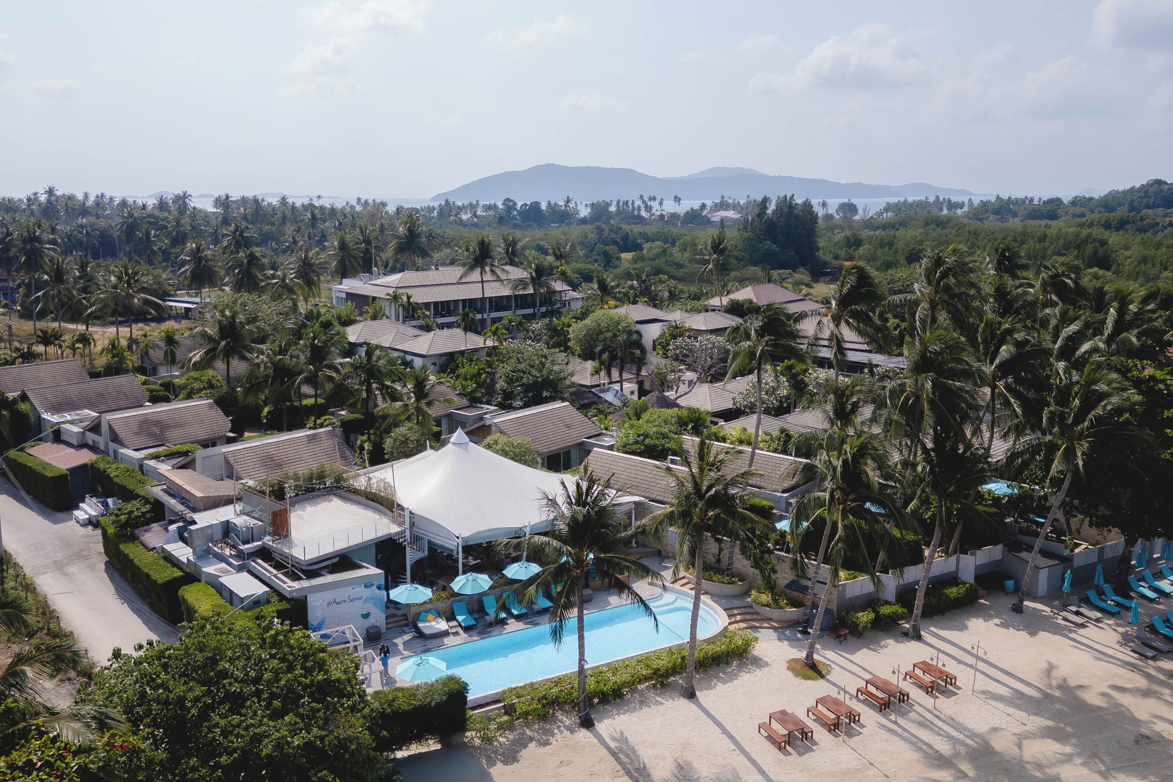 Vue aérienne d’un complexe hôtelier doté d’une piscine, d’une plage et entouré de palmiers.