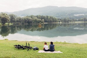 Dos personas sentadas sobre una manta junto a un lago, con una bicicleta y equipo en el césped.