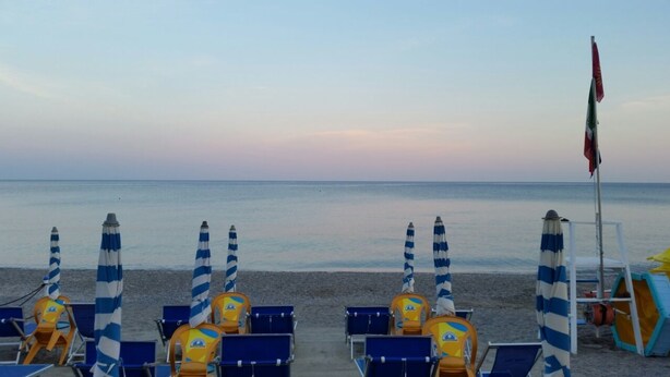 Una playa con filas de sillas reclinables azules y amarillas, y sombrillas a rayas.