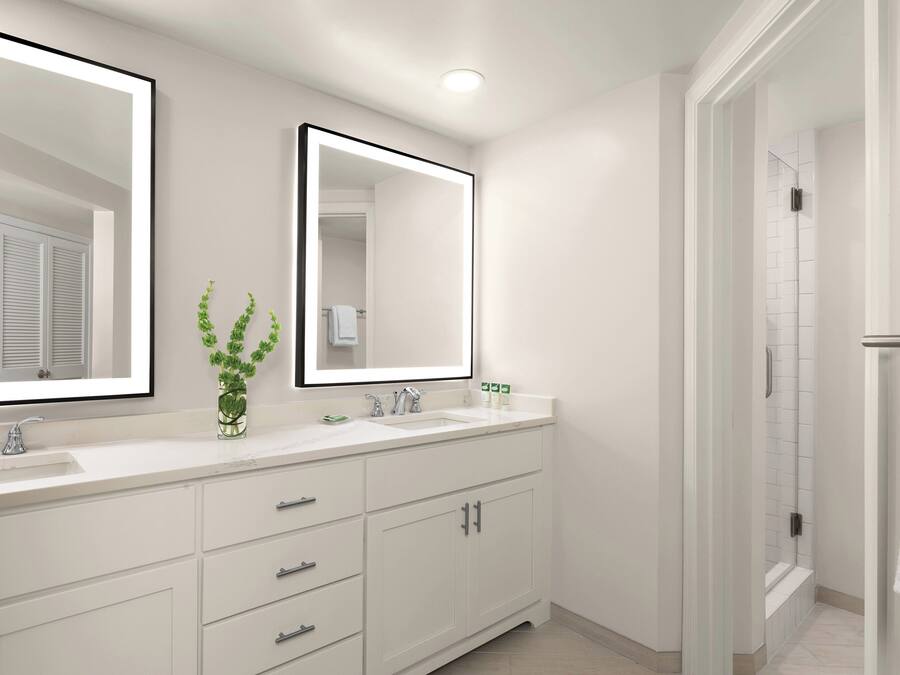 A modern bathroom with a double sink vanity, a large mirror, and a walk-in shower.