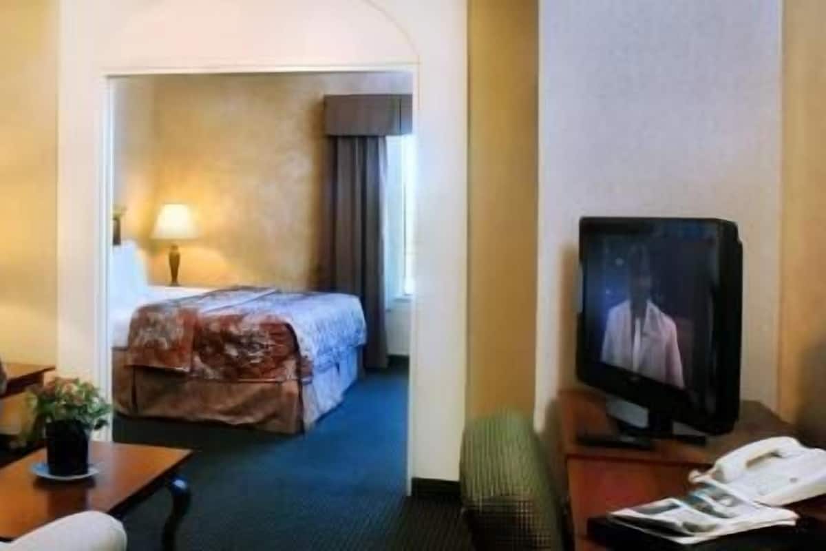 Een hotelkamer met een bed, een televisie, een bureau en een stoel.