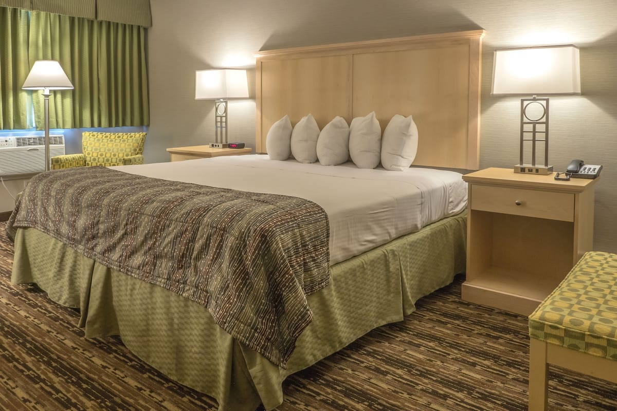 Een hotelkamer met een groot bed, twee nachtkastjes, een lamp en een raam met gordijnen.