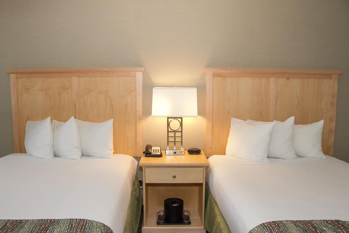 Een hotelkamer met twee bedden, een nachtkastje met een lamp, een telefoon en een klein lade.
