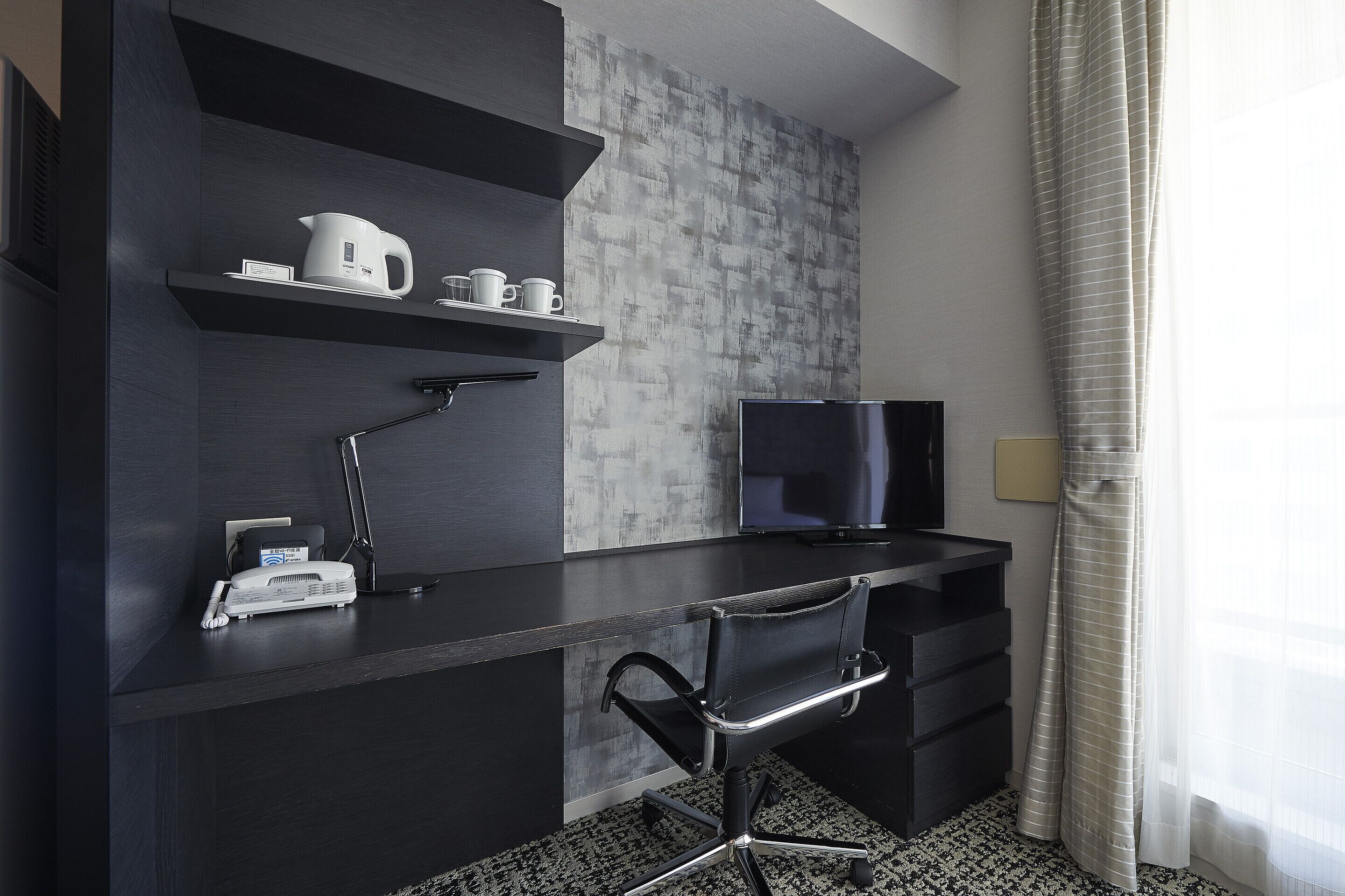 premium bedding, down duvets, desk, blackout curtains