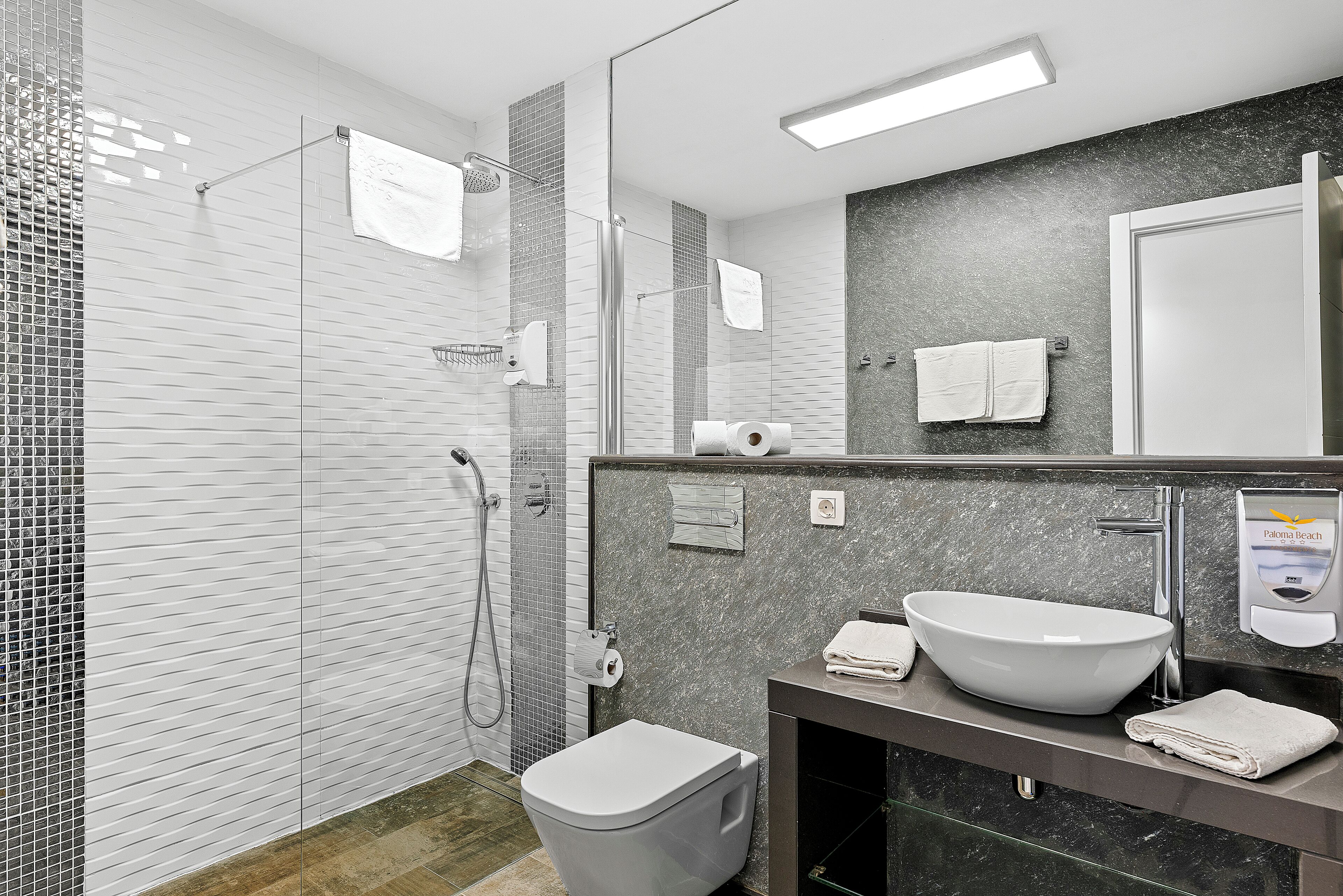 Een moderne badkamer met een douchecabine van glas, een witte wastafel en een toilet.
