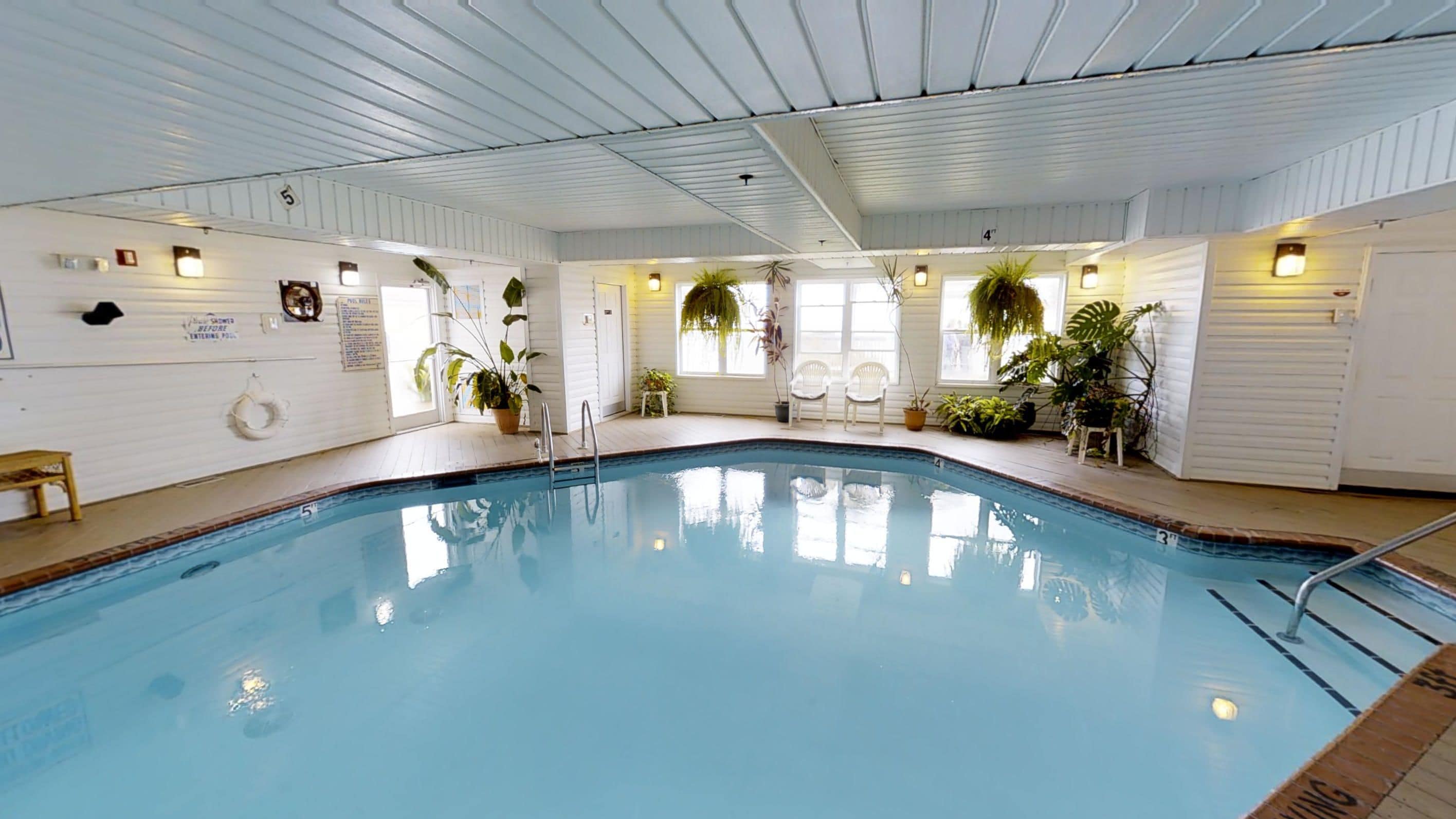 indoor pool, seasonal outdoor pool, pool loungers
