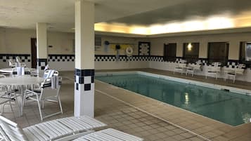 Indoor pool, open 10:00 AM to 10:00 PM, sun loungers