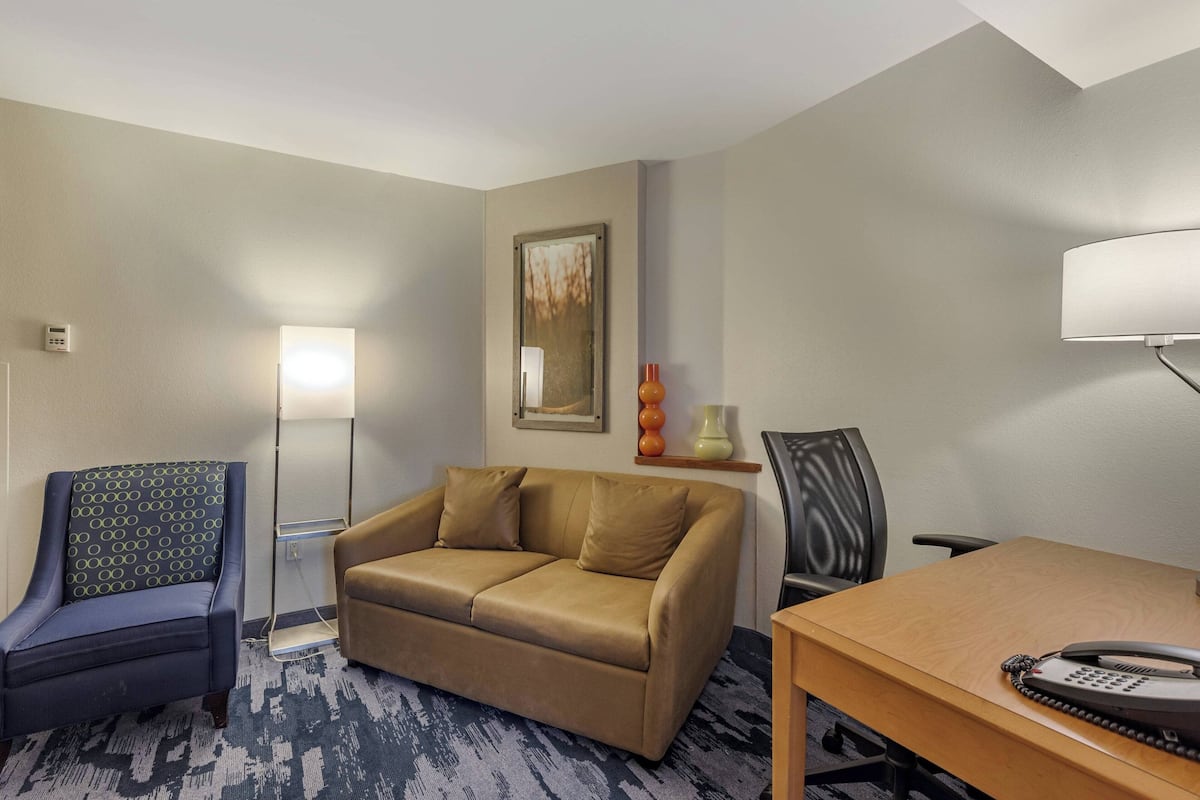 A hotel room with a brown sofa, a blue armchair, a wooden table with a telephone, a floor lamp, and a painting on the wall.