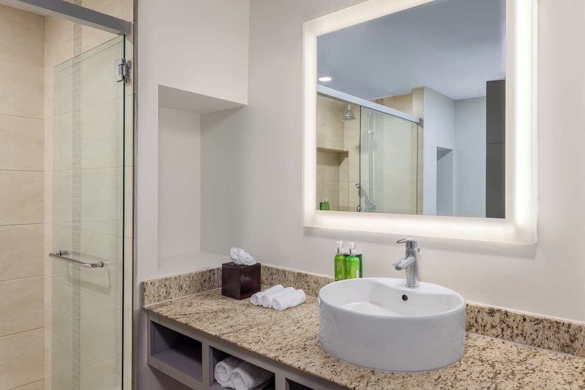 Un baño moderno con cabina de ducha de vidrio, encimera de granito, lavabo blanco e iluminación integrada en el espejo.